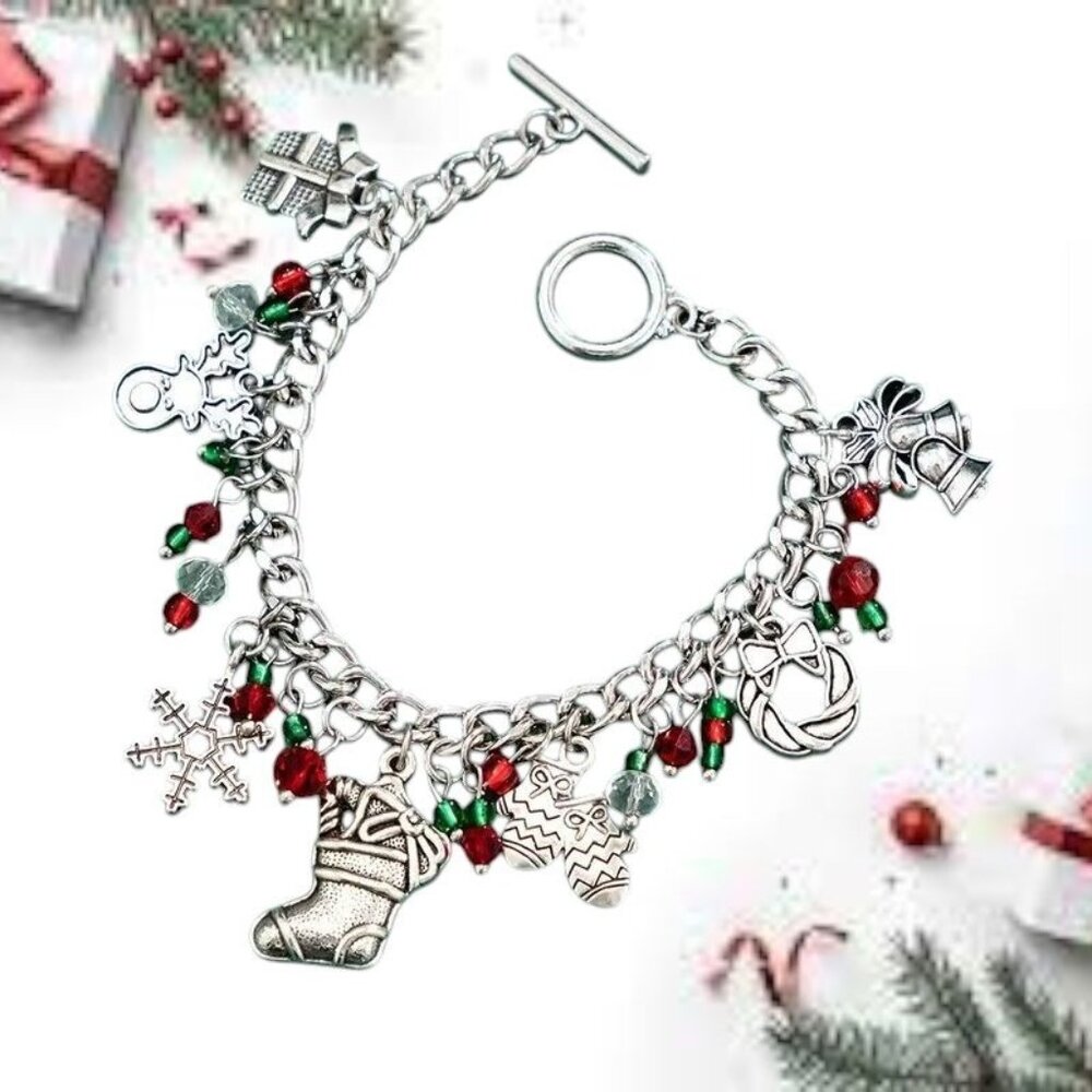Christmas Charm Bracelet New Rudolph Stocking Wreath Snowflake Gift Pres…